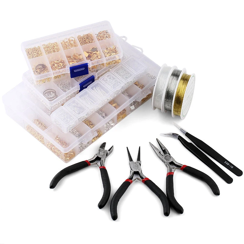 Tools Jewelry Making - Schmuckzubehör-Werkzeugset, offener Biegering/Karabinerverschluss/Schwanzkette/Clip-Schnalle/Tropfen-Set/Ohrringhaken/für DIY-Schmuckherstellung