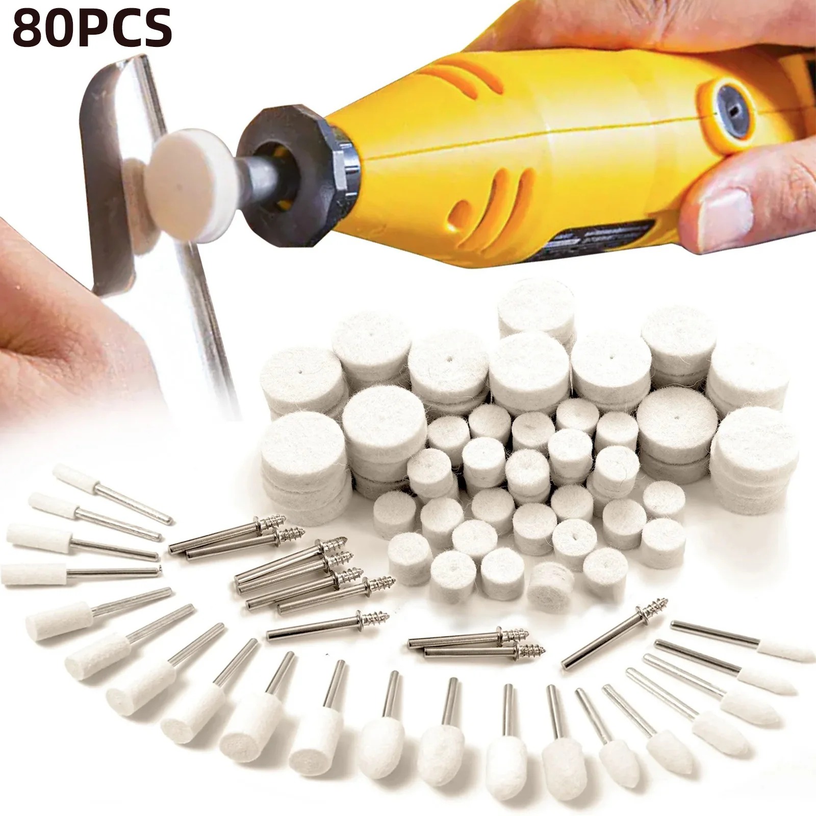 Tools Jewelry Making - 80-teiliges Wollfilz-Polierscheiben-Set, 1/8-Zoll-Schaft, Rotationswerkzeug-Polierscheiben für Metall,