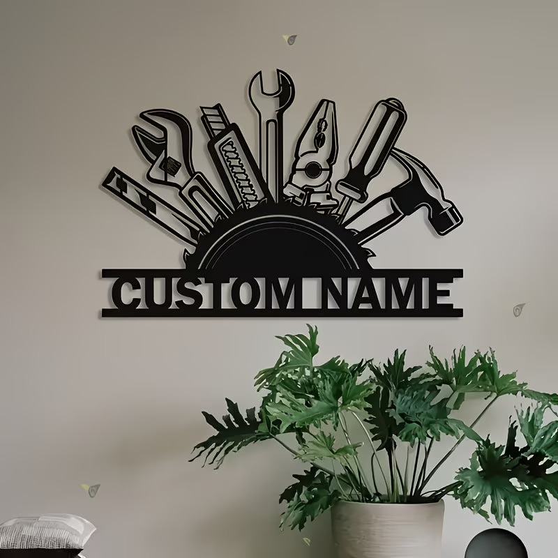 Workshop Tools Name - Personalisierte Metall-Werkzeug-Wandkunst - Individuelles Werkstatt-Namensschild, Langlebige